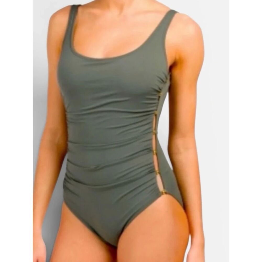 Carmen Marc Valvo Peek-a-Boo Side Beaded Suimsuit. Size M Sage Green